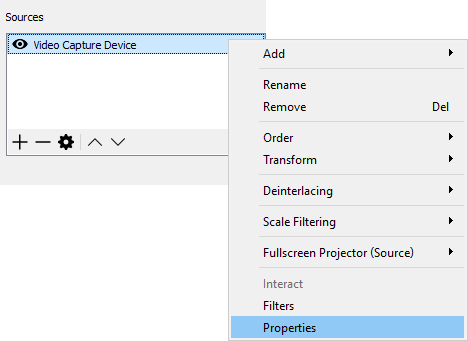 Set the properties of the video capture device in OBS