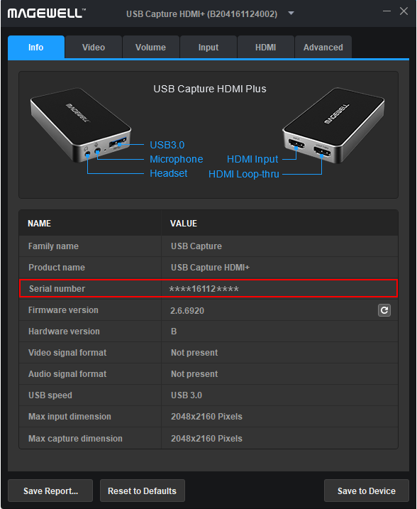 View the serial number in USB Capture Utility V3